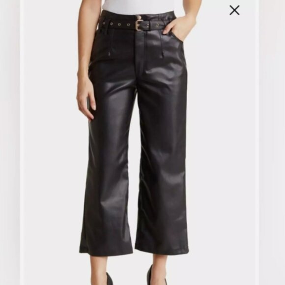 NWT Grey Collective Vegan Leather Cropped Flare Pants with Belt - Picture 1 of 11